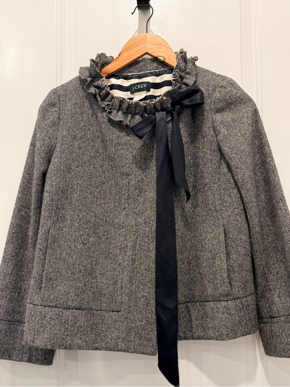 J. Crew Gray Herringbone Ruffle Collar Jacket with Black Bow